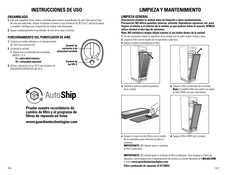 Instrucciones de uso, Limpieza y mantenimiento | Guardian Technologies AC4900 User Manual | Page 16 / 18