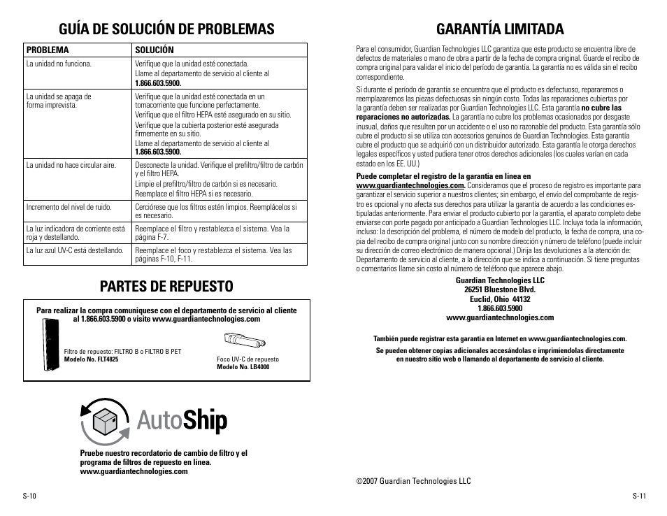 Garantía limitada, Guía de solución de problemas, Partes de repuesto | Guardian Technologies AC4900 User Manual | Page 18 / 18