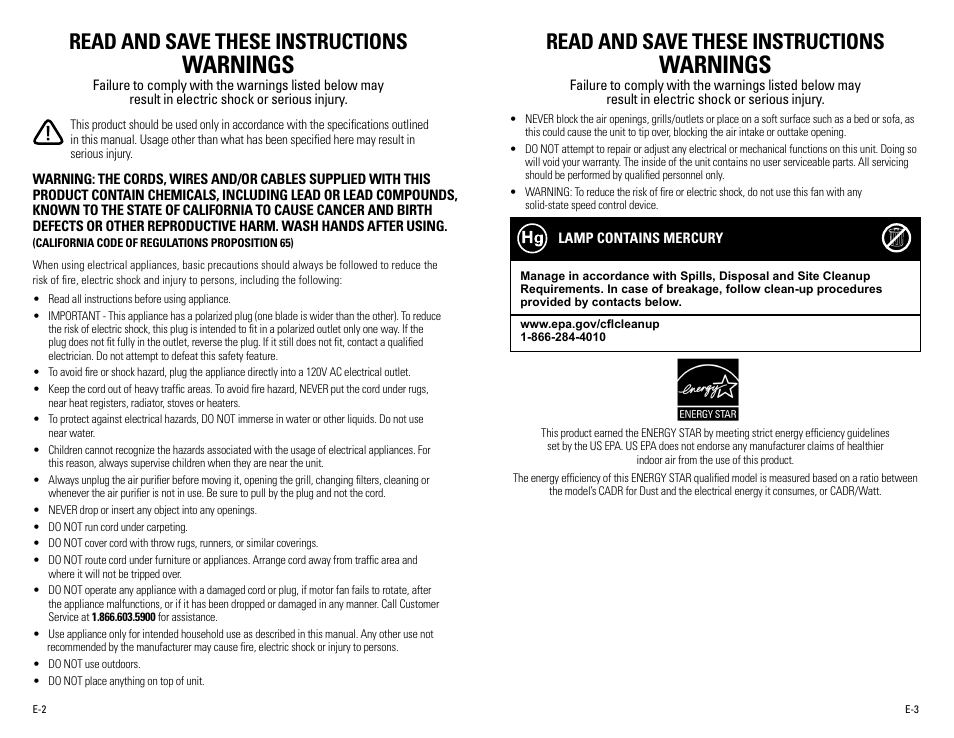 Warnings, Read and save these instructions | Guardian Technologies AC4900 User Manual | Page 2 / 18