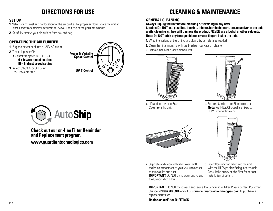 Directions for use, Cleaning & maintenance | Guardian Technologies AC4900 User Manual | Page 4 / 18