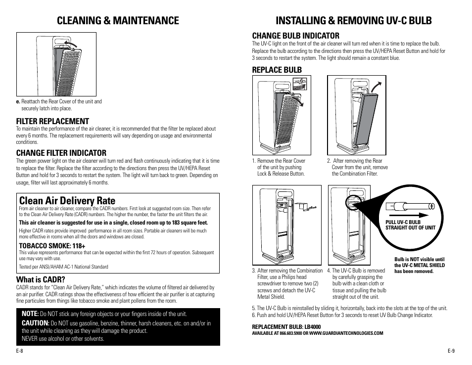 Cleaning & maintenance, Clean air delivery rate, Installing & removing uv-c bulb | Filter replacement, Change filter indicator, What is cadr, Change bulb indicator, Replace bulb | Guardian Technologies AC4900 User Manual | Page 5 / 18