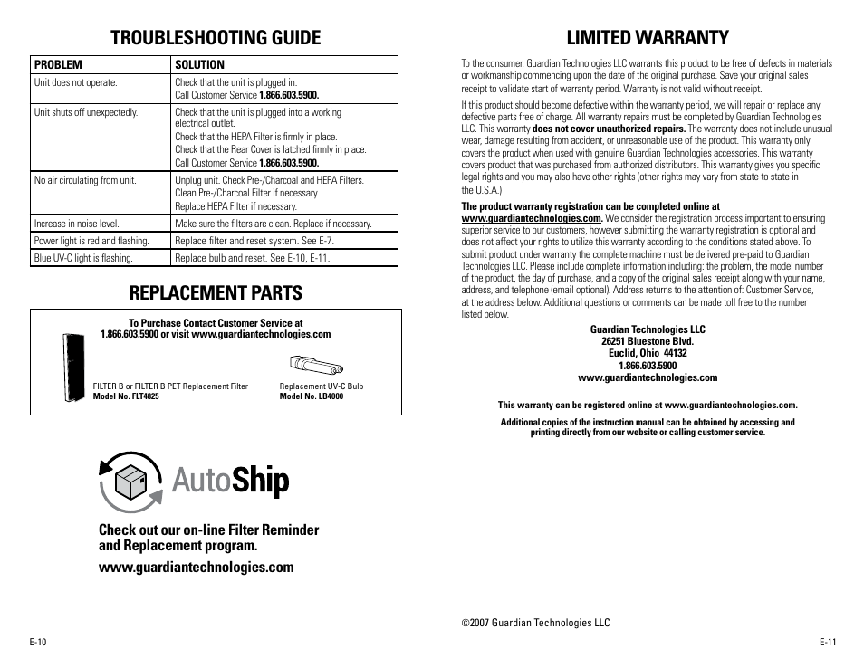 Troubleshooting guide, Limited warranty, Replacement parts | Guardian Technologies AC4900 User Manual | Page 6 / 18