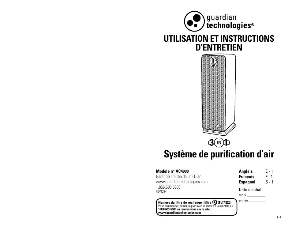 Système de purification d’air, Utilisation et instructions d’entretien | Guardian Technologies AC4900 User Manual | Page 7 / 18