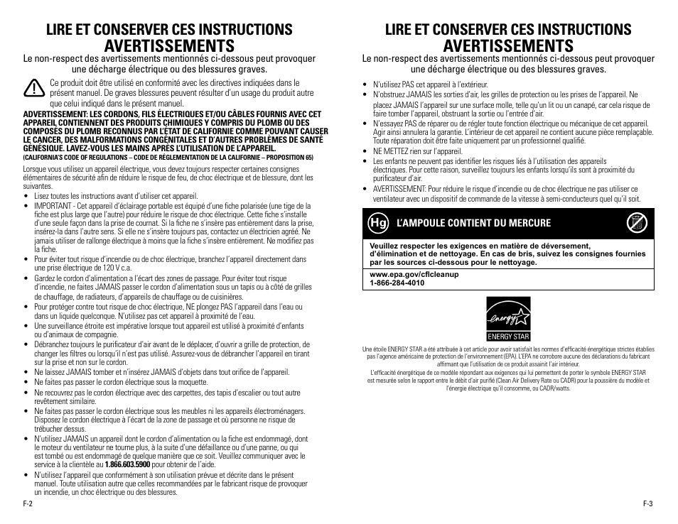 Avertissements, Lire et conserver ces instructions | Guardian Technologies AC4900 User Manual | Page 8 / 18