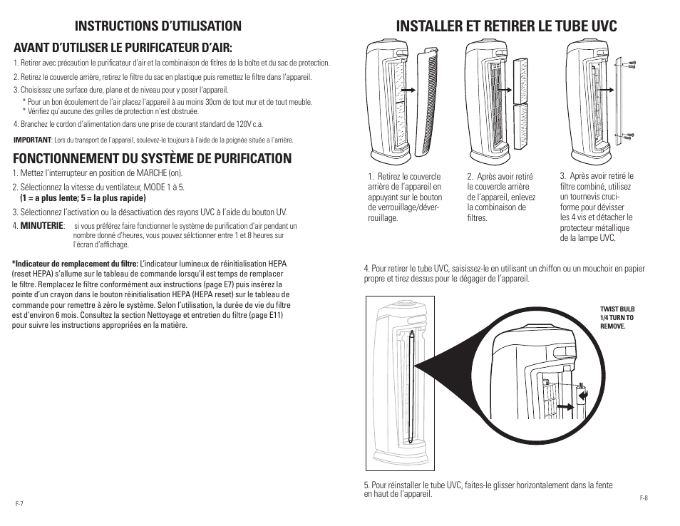 Installer et retirer le tube uvc, Instructions d’utilisation, Fonctionnement du système de purification | Avant d’utiliser le purificateur d’air | Guardian Technologies AC5250 & AC5250PT User Manual | Page 11 / 20