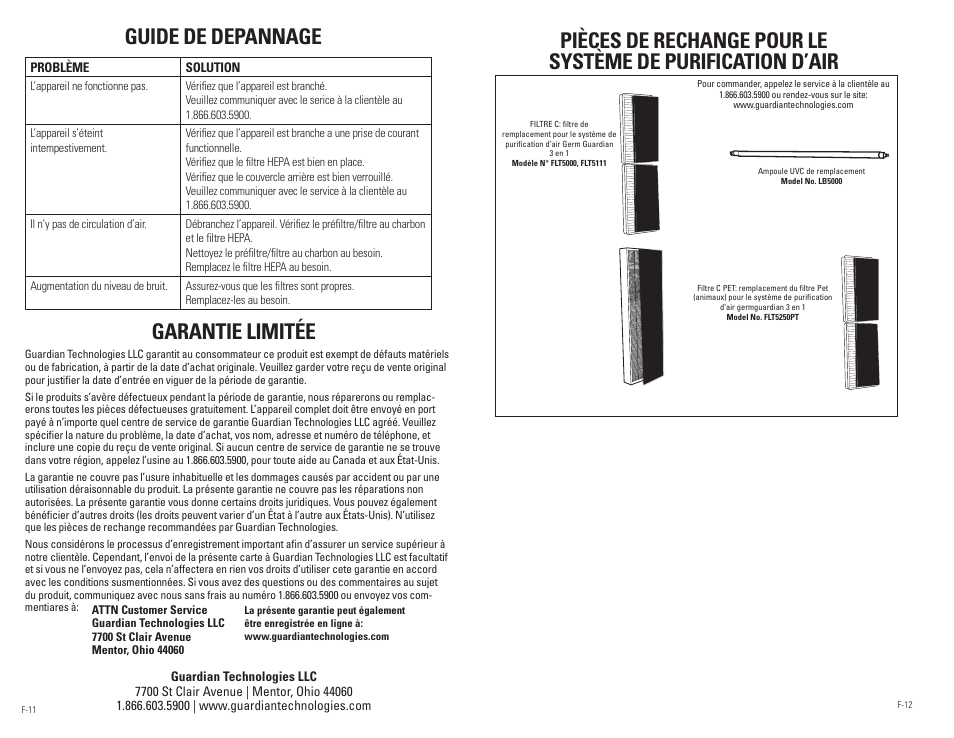 Guide de depannage | Guardian Technologies AC5250 & AC5250PT User Manual | Page 13 / 20