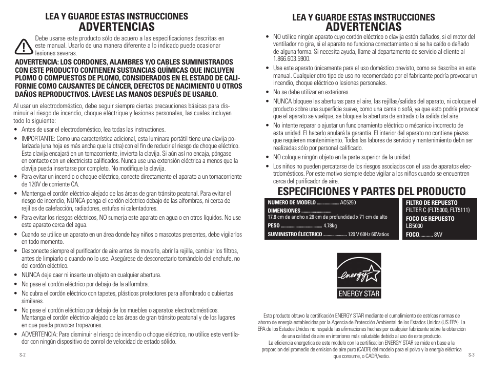 Advertencias, Especificiones y partes del producto, Lea y guarde estas instrucciones | Guardian Technologies AC5250 & AC5250PT User Manual | Page 15 / 20