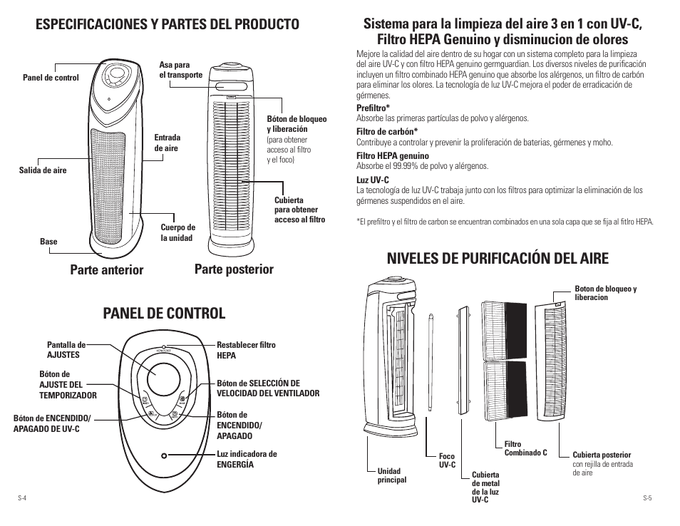 Panel de control, Niveles de purificación del aire, Especificaciones y partes del producto | Parte anterior parte posterior | Guardian Technologies AC5250 & AC5250PT User Manual | Page 16 / 20