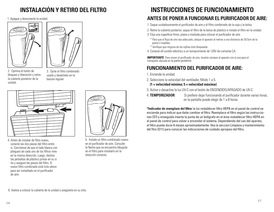Instrucciones de funcionamiento, Instalación y retiro del filtro, Antes de poner a funcionar el purificador de aire | Funcionamiento del purificador de aire | Guardian Technologies AC5250 & AC5250PT User Manual | Page 17 / 20