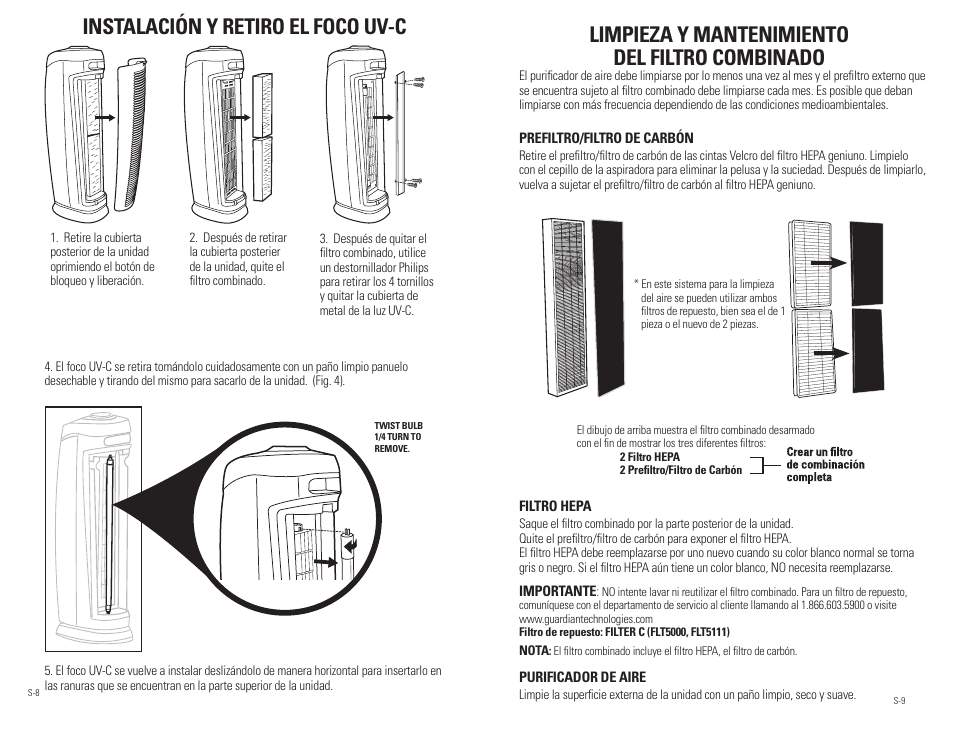 Instalación y retiro el foco uv-c, Limpieza y mantenimiento del filtro combinado | Guardian Technologies AC5250 & AC5250PT User Manual | Page 18 / 20