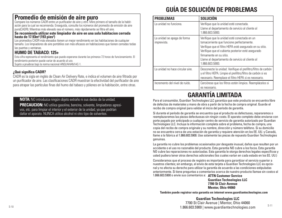 Guía de solución de problemas, Garantía limitada, Promedio de emisión de aire puro | Guardian Technologies AC5250 & AC5250PT User Manual | Page 19 / 20