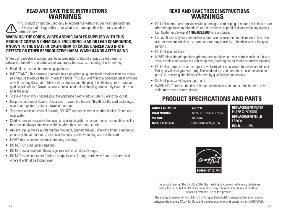 Warnings, Product specifications and parts | Guardian Technologies AC5250 & AC5250PT User Manual | Page 2 / 20