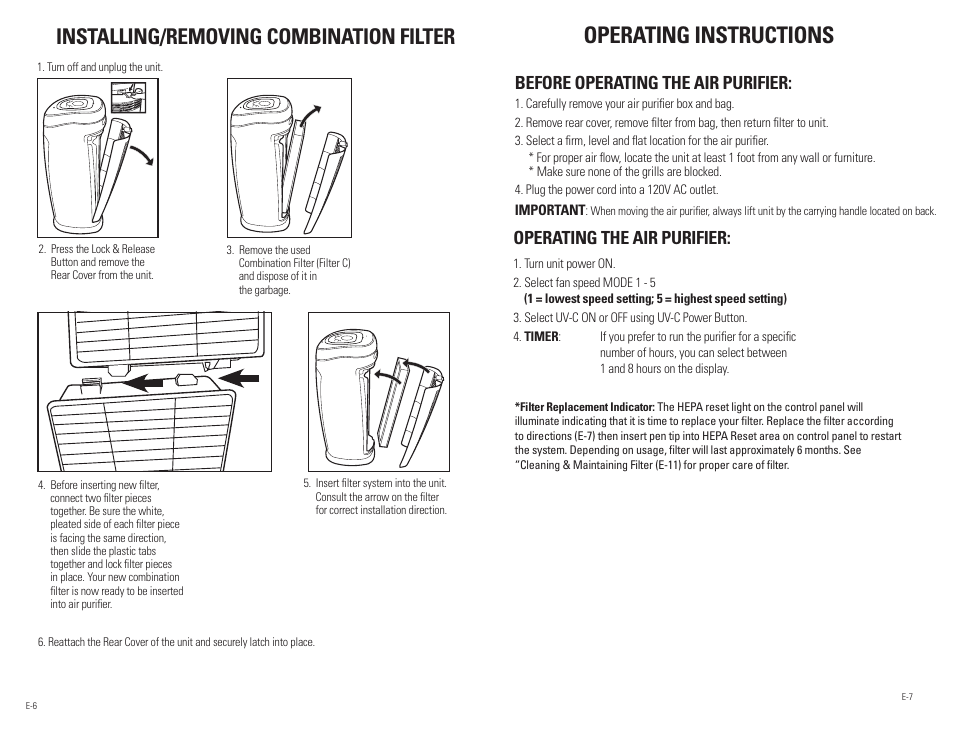 Operating instructions, Installing/removing combination filter, Before operating the air purifier | Operating the air purifier | Guardian Technologies AC5250 & AC5250PT User Manual | Page 4 / 20