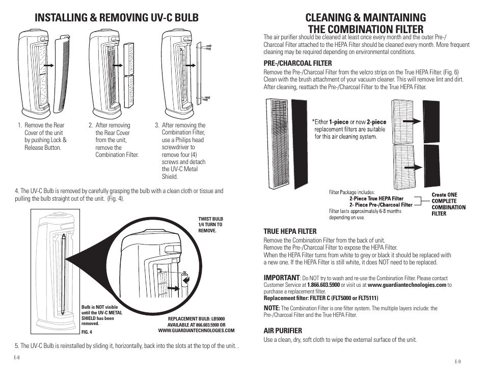 Installing & removing uv-c bulb, Cleaning & maintaining the combination filter, Before operating the air purifier | Guardian Technologies AC5250 & AC5250PT User Manual | Page 5 / 20