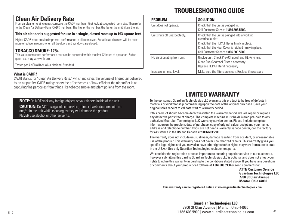 Troubleshooting guide, Limited warranty, Clean air delivery rate | Guardian Technologies AC5250 & AC5250PT User Manual | Page 6 / 20