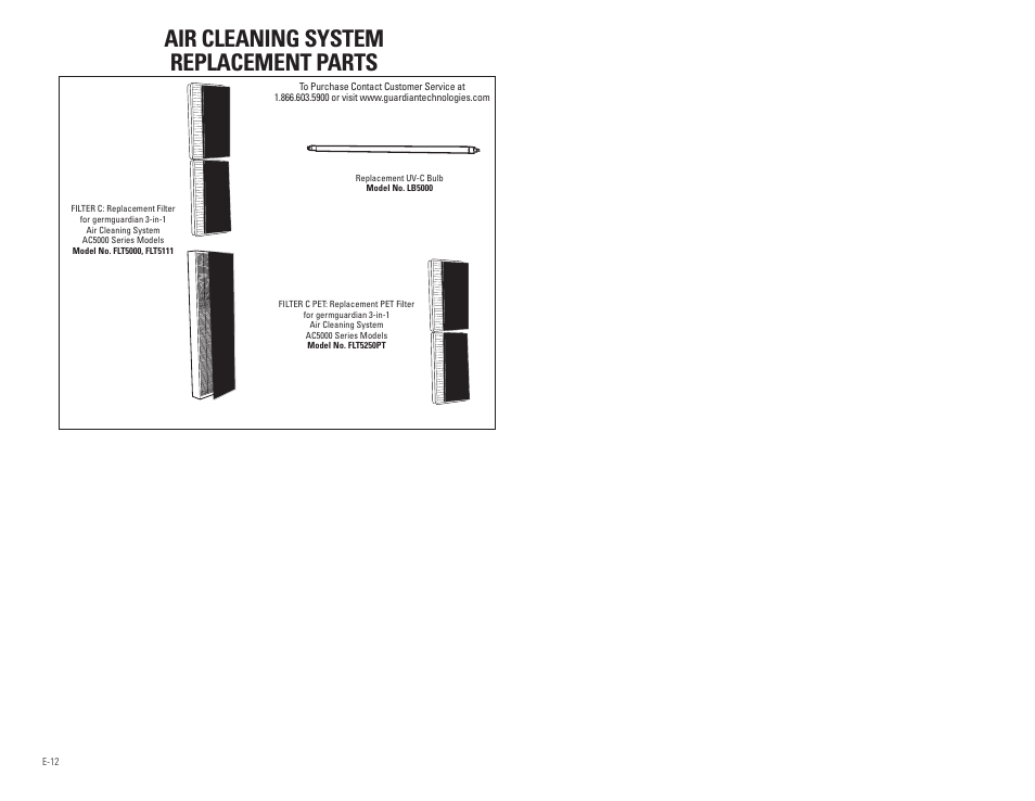 Air cleaning system replacement parts | Guardian Technologies AC5250 & AC5250PT User Manual | Page 7 / 20