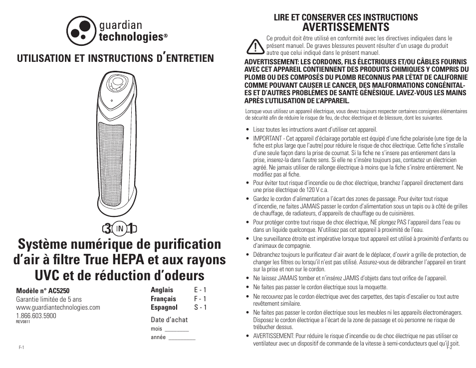 Avertissements, Utilisation, Instructions | Entretien | Guardian Technologies AC5250 & AC5250PT User Manual | Page 8 / 20