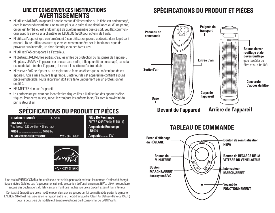 Avertissements, Spécifications du produit et pièces, Devant de l’appareil arrière de l’appareil | Lire et conserver ces instructions | Guardian Technologies AC5250 & AC5250PT User Manual | Page 9 / 20