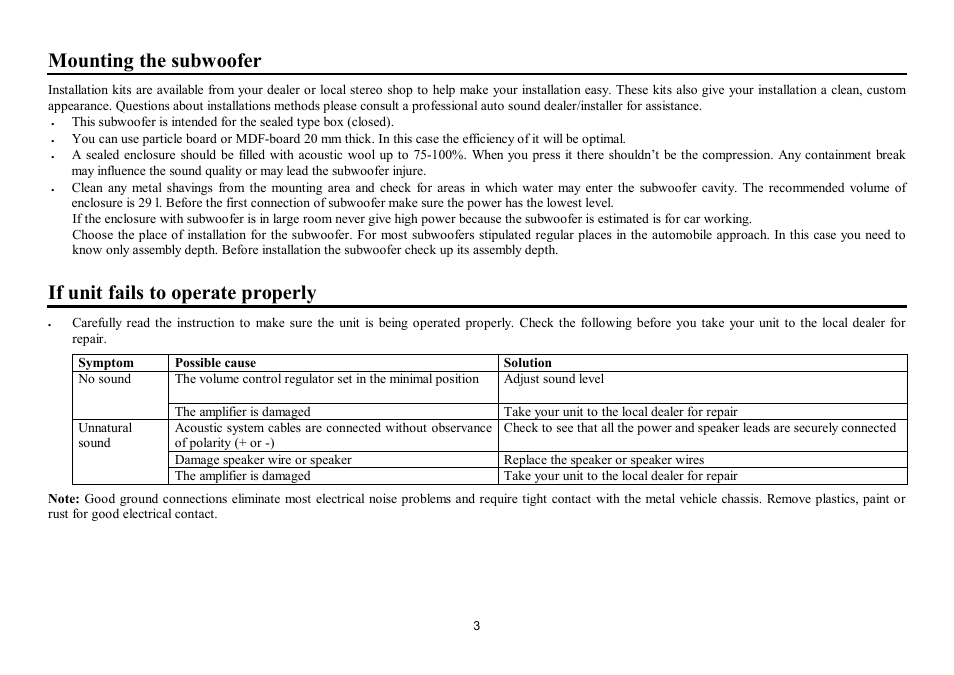 Mounting the subwoofer, If unit fails to operate properly | Hyundai H-CSP124 User Manual | Page 3 / 7