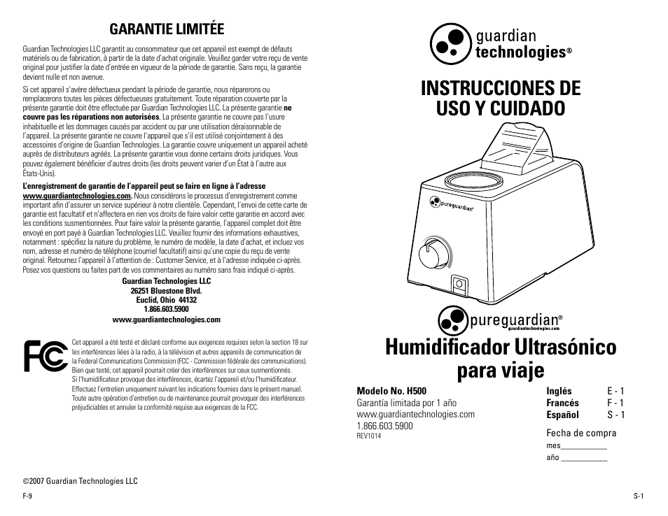 Humidificador ultrasónico para viaje, Instrucciones de uso y cuidado, Garantie limitée | Guardian Technologies H500 User Manual | Page 10 / 14
