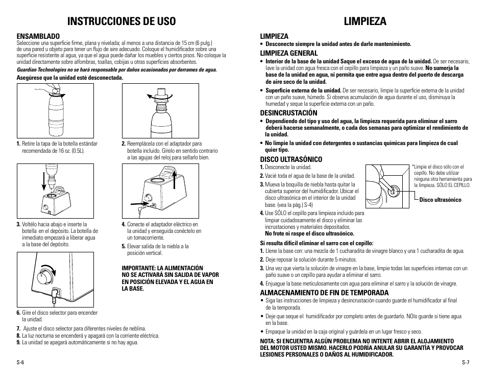 Instrucciones de uso, Limpieza | Guardian Technologies H500 User Manual | Page 13 / 14