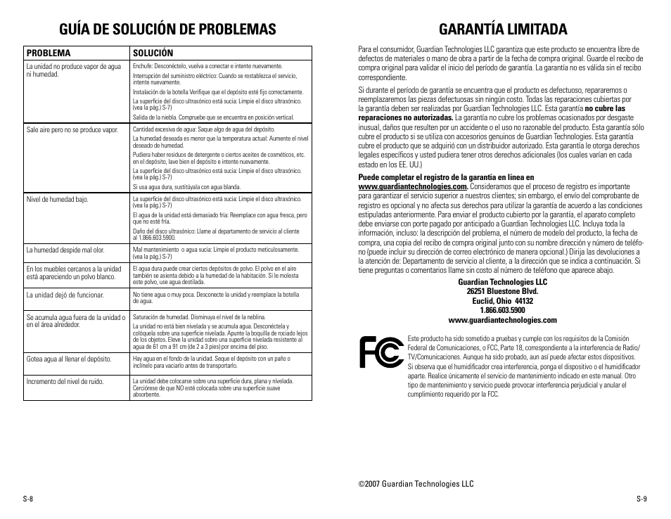 Guía de solución de problemas, Garantía limitada | Guardian Technologies H500 User Manual | Page 14 / 14
