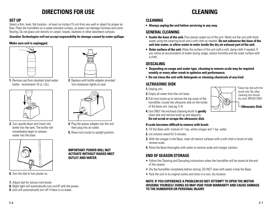 Directions for use, Cleaning | Guardian Technologies H500 User Manual | Page 4 / 14