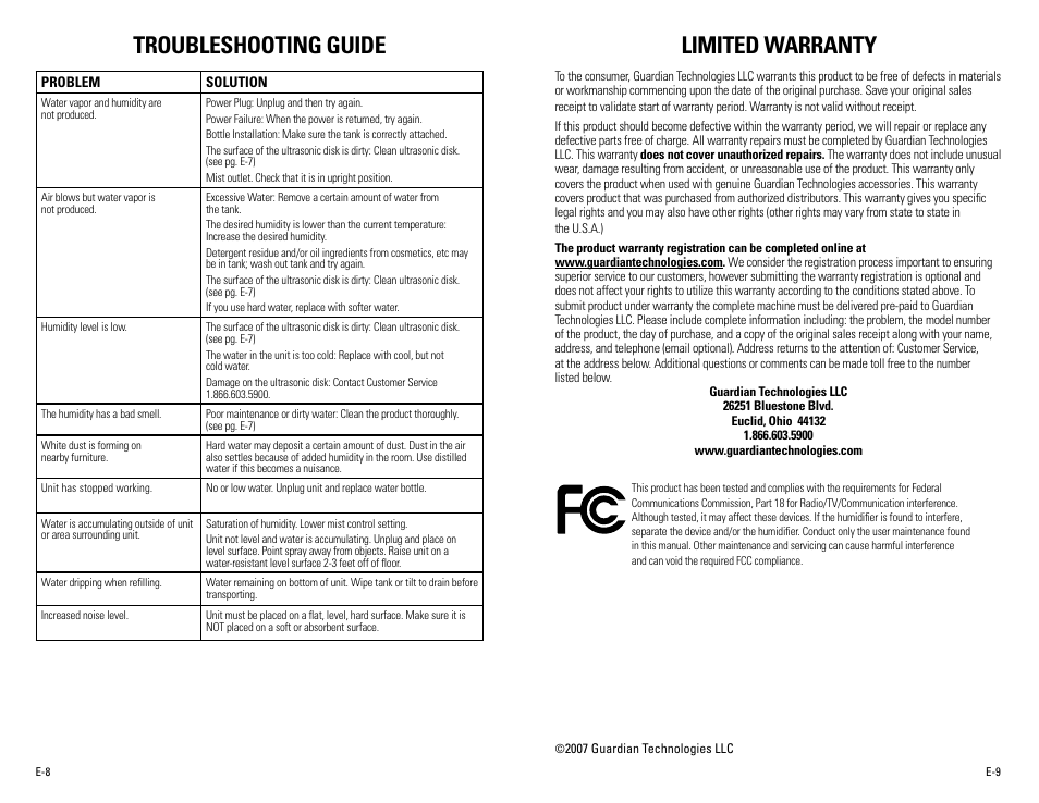 Troubleshooting guide, Limited warranty | Guardian Technologies H500 User Manual | Page 5 / 14