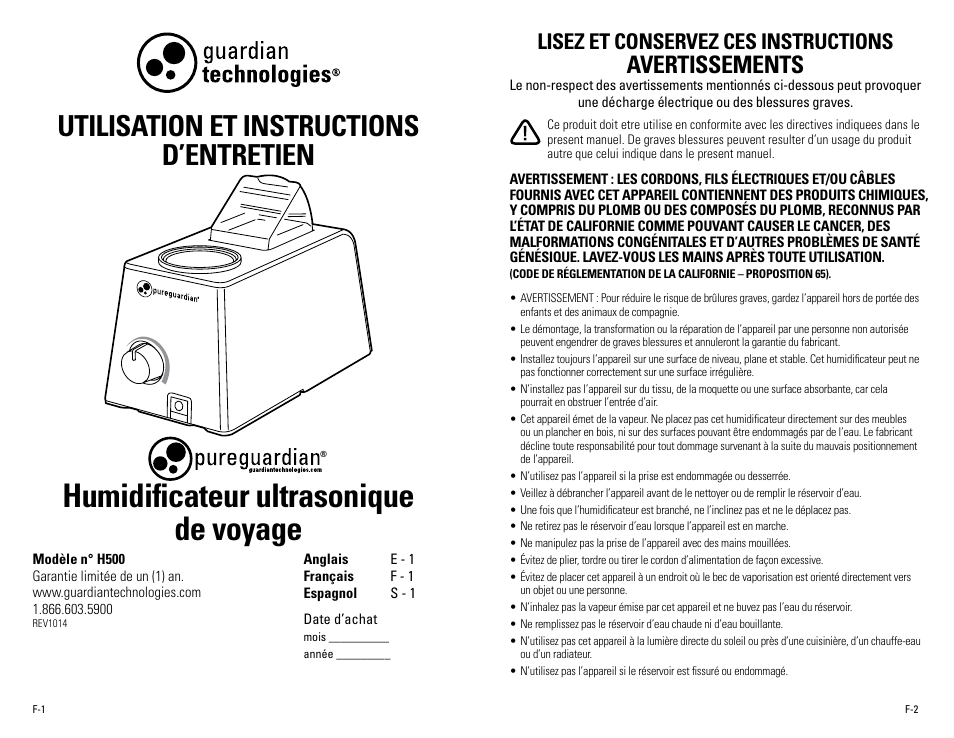 Humidificateur ultrasonique de voyage, Utilisation et instructions d’entretien, Avertissements | Lisez et conservez ces instructions | Guardian Technologies H500 User Manual | Page 6 / 14