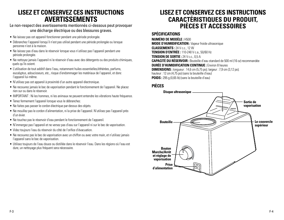 Avertissements, Lisez et conservez ces instructions | Guardian Technologies H500 User Manual | Page 7 / 14