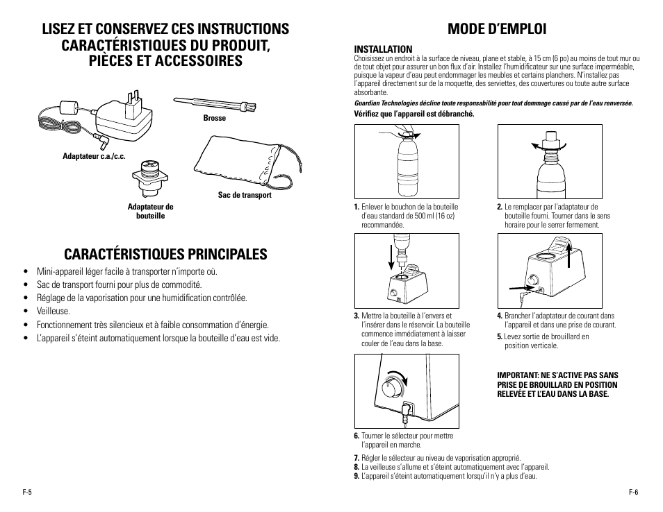 Caractéristiques principales mode d’emploi | Guardian Technologies H500 User Manual | Page 8 / 14