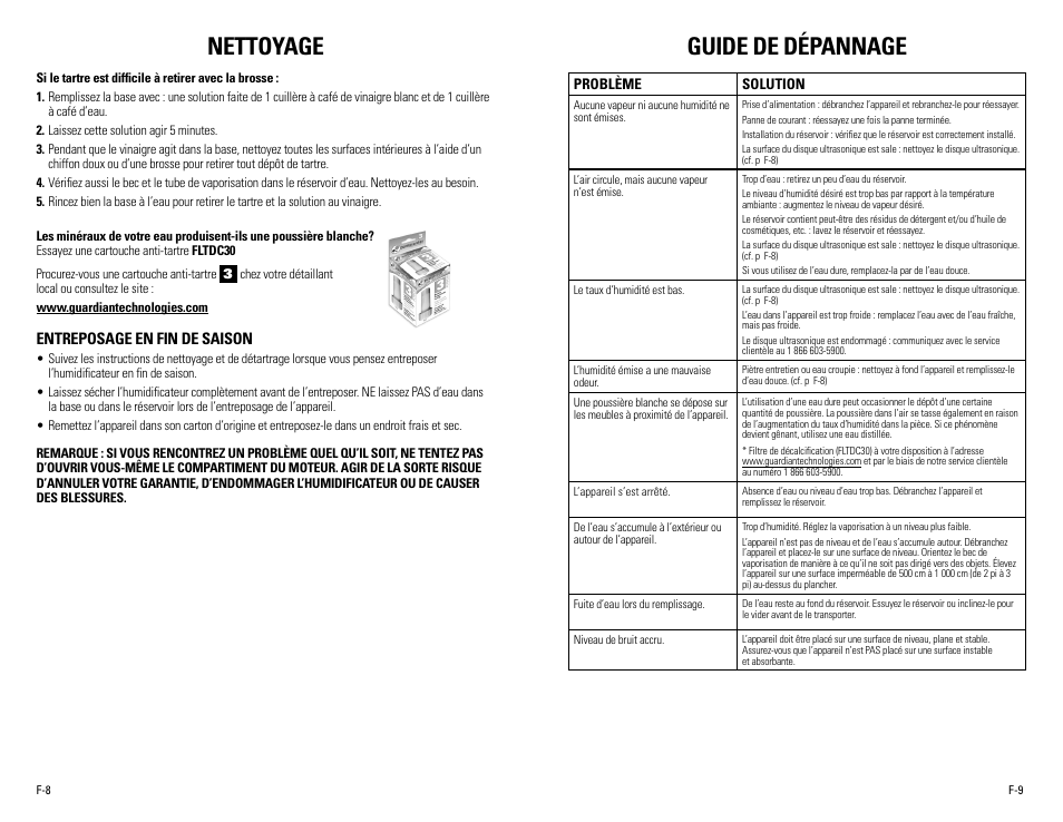 Nettoyage, Guide de dépannage | Guardian Technologies H965 User Manual | Page 10 / 16