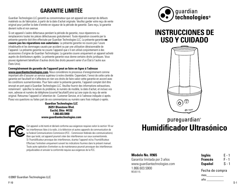 Humidificador ultrasónico, Instrucciones de uso y cuidado, Garantie limitée | Guardian Technologies H965 User Manual | Page 11 / 16