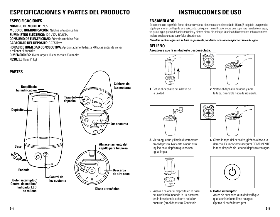 Especificaciones y partes del producto, Instrucciones de uso | Guardian Technologies H965 User Manual | Page 13 / 16