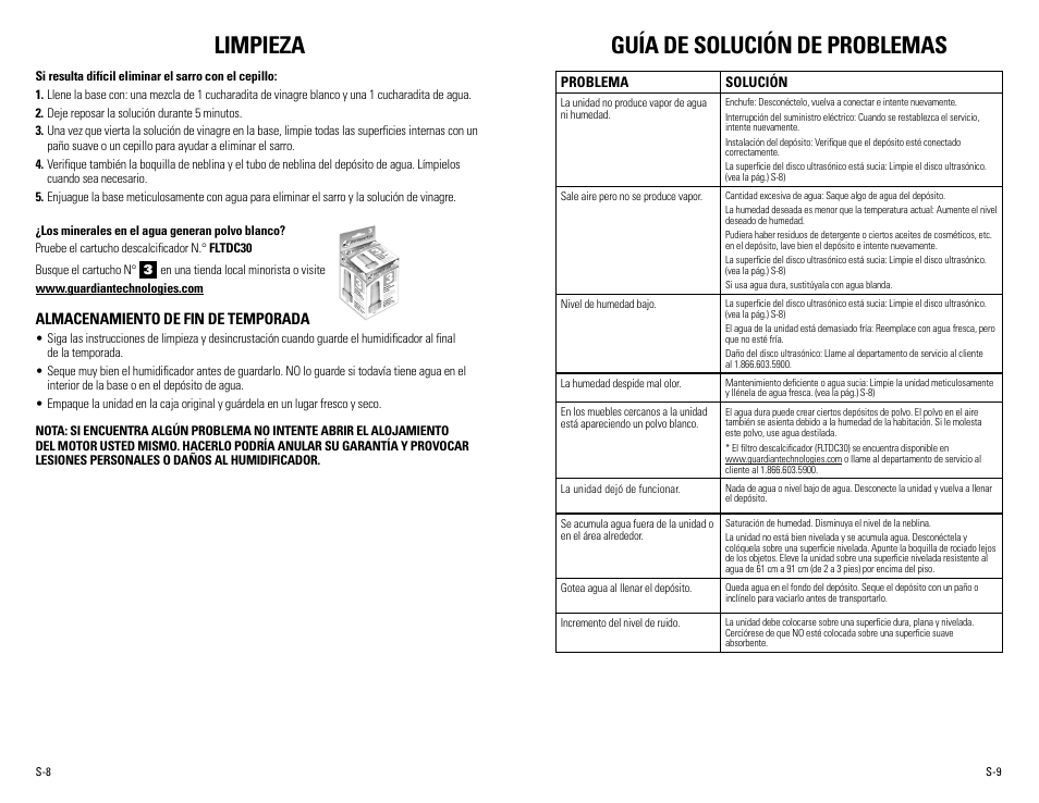 Limpieza, Guía de solución de problemas, Almacenamiento de fin de temporada | Guardian Technologies H965 User Manual | Page 15 / 16