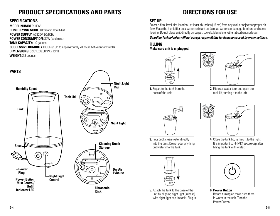 Product specifications and parts, Directions for use | Guardian Technologies H965 User Manual | Page 3 / 16