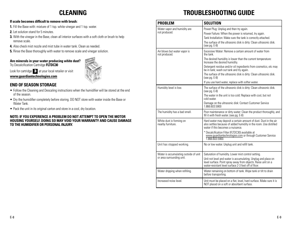 Cleaning, Troubleshooting guide | Guardian Technologies H965 User Manual | Page 5 / 16