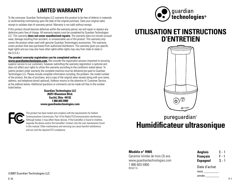 Humidificateur ultrasonique, Utilisation et instructions d’entretien, Limited warranty | Guardian Technologies H965 User Manual | Page 6 / 16