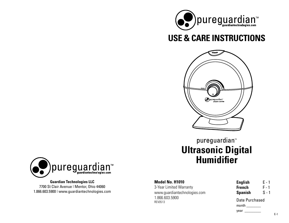 Guardian Technologies H1010, H1010BL, H1010P User Manual | 16 pages
