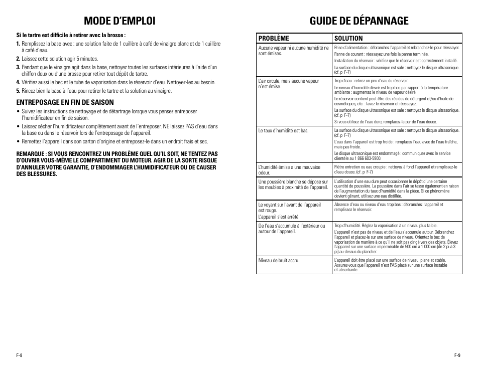 Mode d’emploi, Guide de dépannage, Entreposage en fin de saison | Guardian Technologies H1010, H1010BL, H1010P User Manual | Page 10 / 16