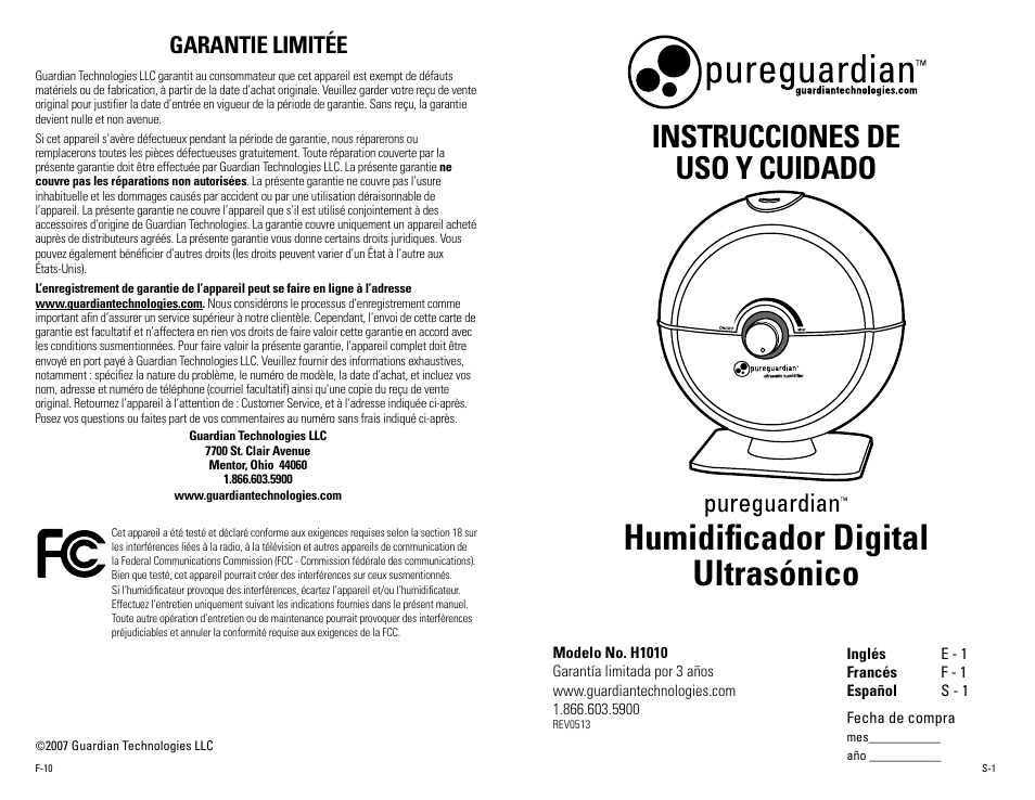 Humidificador digital ultrasónico, Instrucciones de uso y cuidado, Garantie limitée | Guardian Technologies H1010, H1010BL, H1010P User Manual | Page 11 / 16