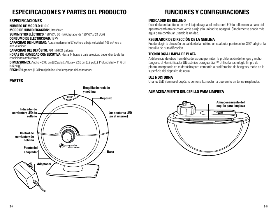 Especificaciones y partes del producto, Funciones y configuraciones | Guardian Technologies H1010, H1010BL, H1010P User Manual | Page 13 / 16
