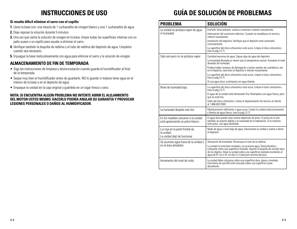Instrucciones de uso, Guía de solución de problemas, Almacenamiento de fin de temporada | Problema solución | Guardian Technologies H1010, H1010BL, H1010P User Manual | Page 15 / 16