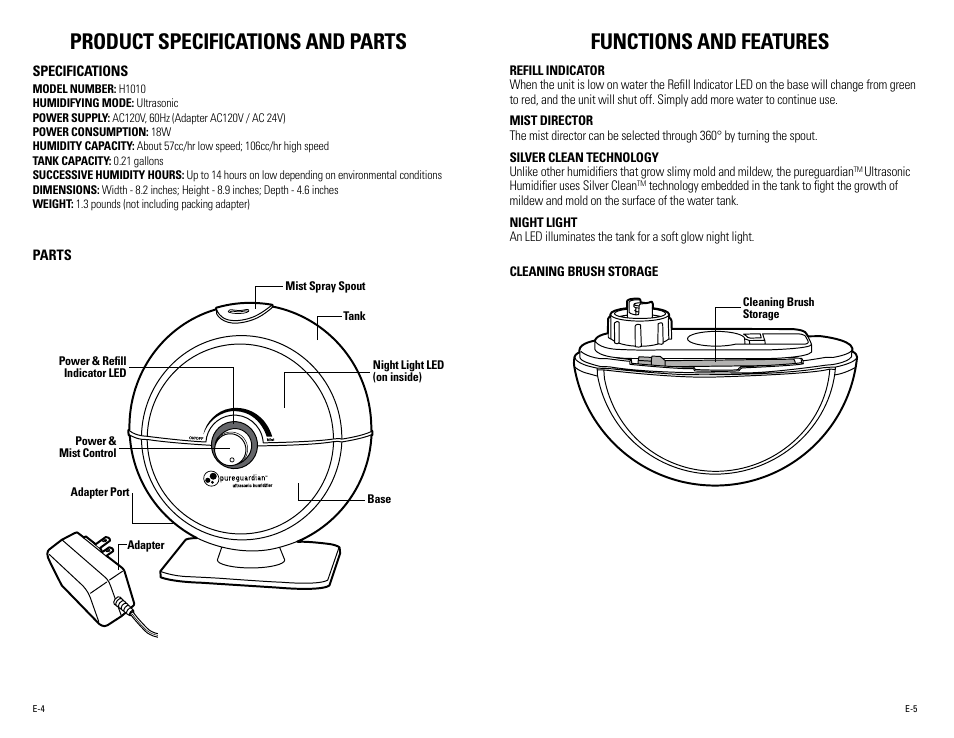 Product specifications and parts, Functions and features | Guardian Technologies H1010, H1010BL, H1010P User Manual | Page 3 / 16