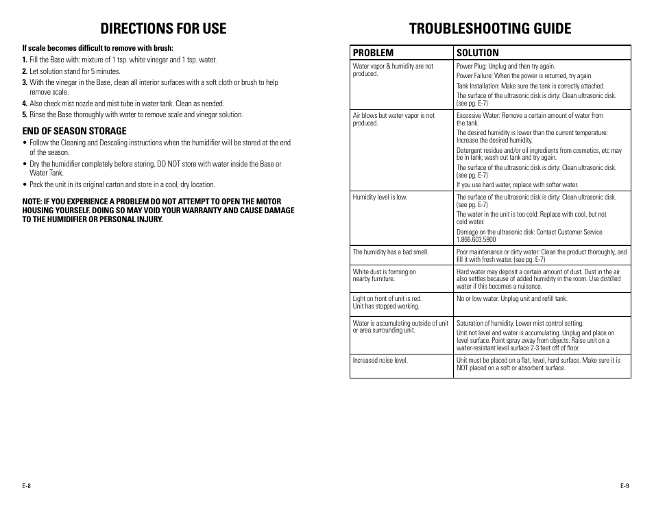 Directions for use, Troubleshooting guide | Guardian Technologies H1010, H1010BL, H1010P User Manual | Page 5 / 16