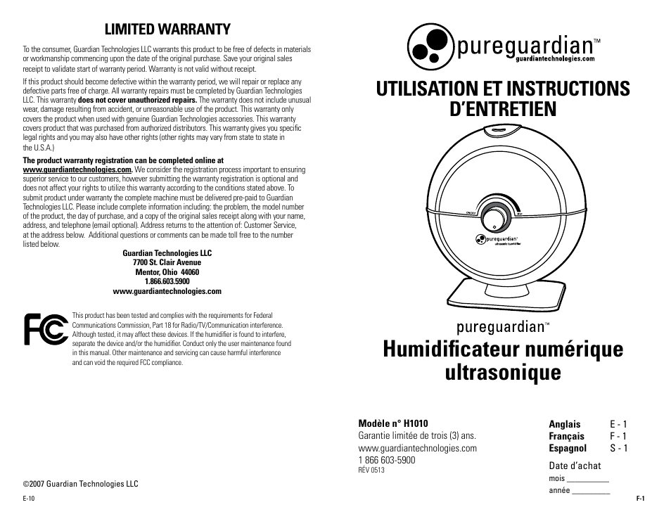 Humidificateur numérique ultrasonique, Utilisation et instructions d’entretien, Limited warranty | Guardian Technologies H1010, H1010BL, H1010P User Manual | Page 6 / 16