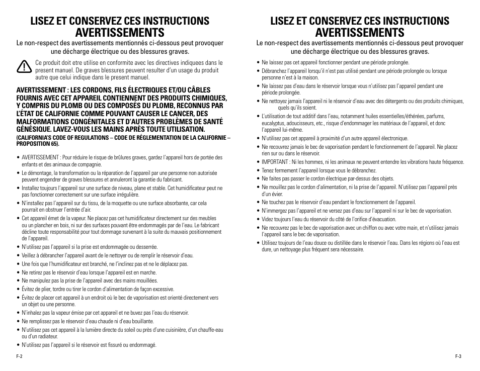 Avertissements, Lisez et conservez ces instructions | Guardian Technologies H1010, H1010BL, H1010P User Manual | Page 7 / 16