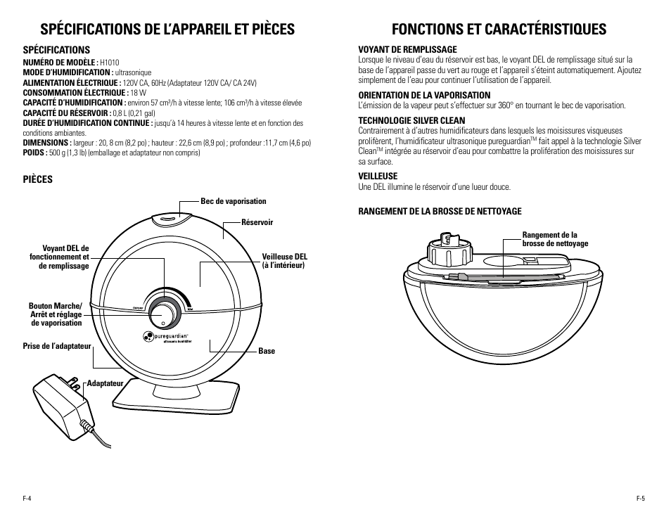 Spécifications de l’appareil et pièces, Fonctions et caractéristiques | Guardian Technologies H1010, H1010BL, H1010P User Manual | Page 8 / 16