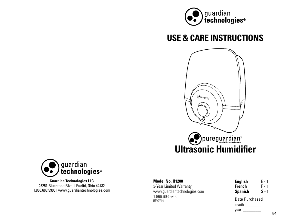 Guardian Technologies H1200 & H1200BL User Manual | 16 pages