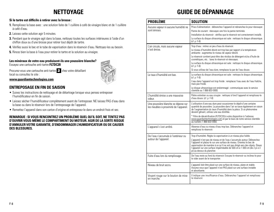 Guide de dépannage, Nettoyage, Entreposage en fin de saison | Guardian Technologies H1200 & H1200BL User Manual | Page 10 / 16